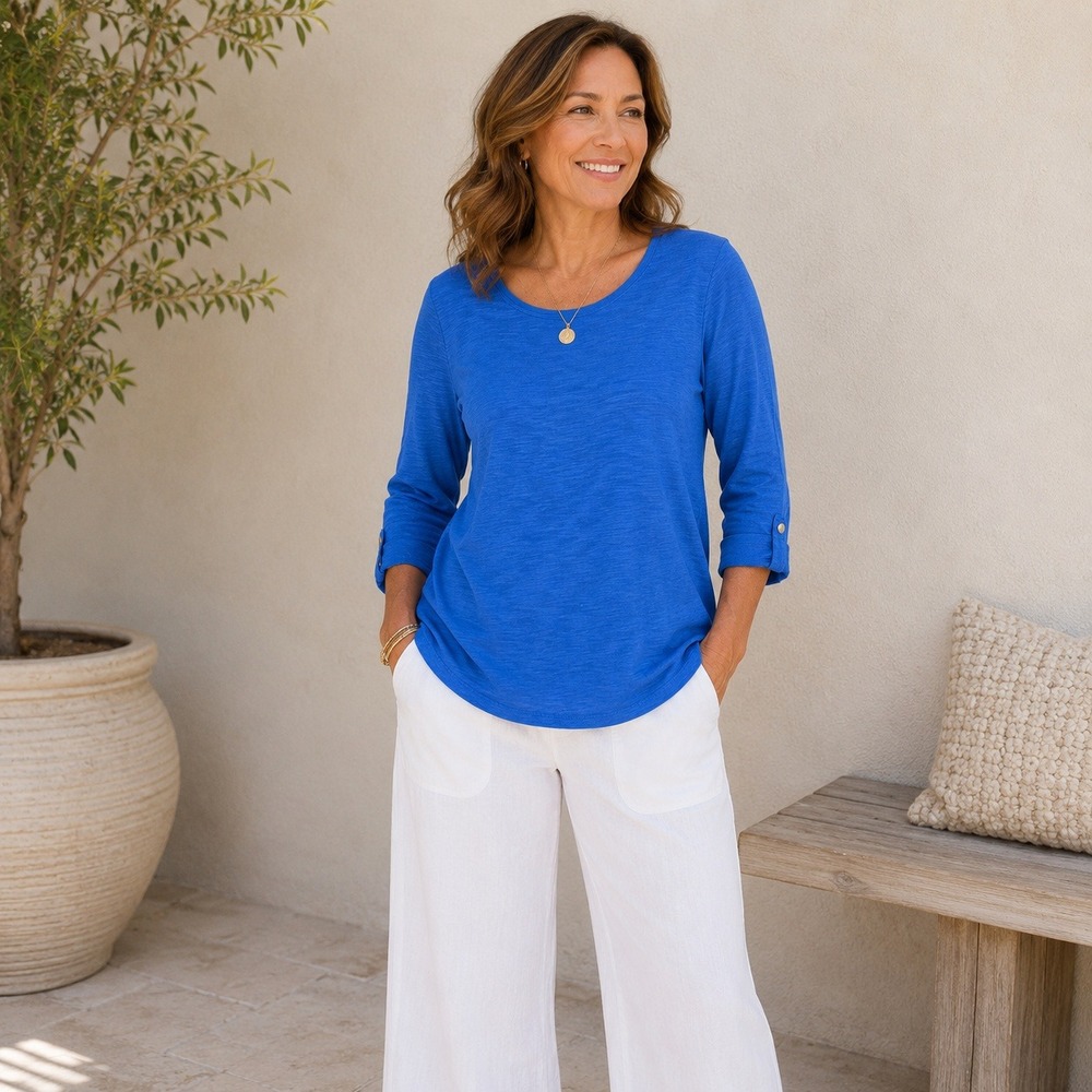 Chicos Ultimate Tee Royal Blue 3/4 Sleeve Slub Knit Scoop Neck Top Size 1 M